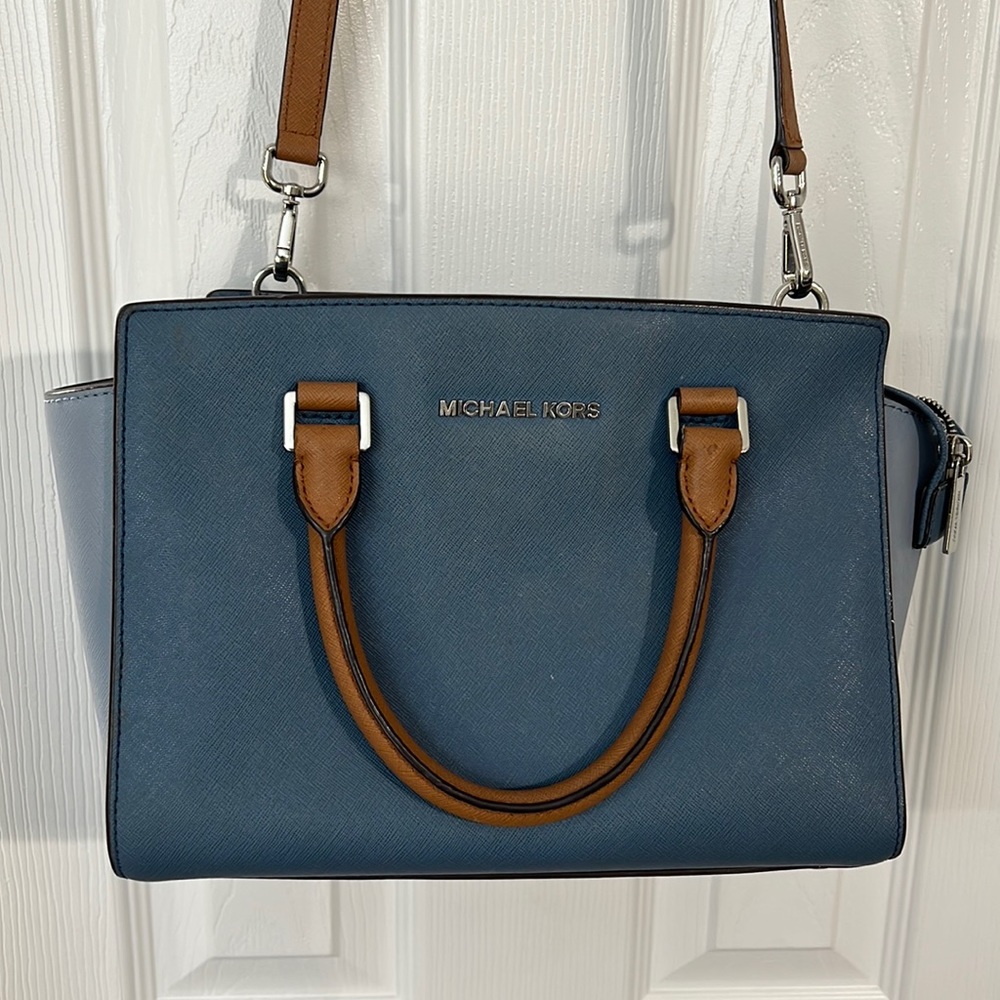 Michael Kors blue and camel two toned handbag